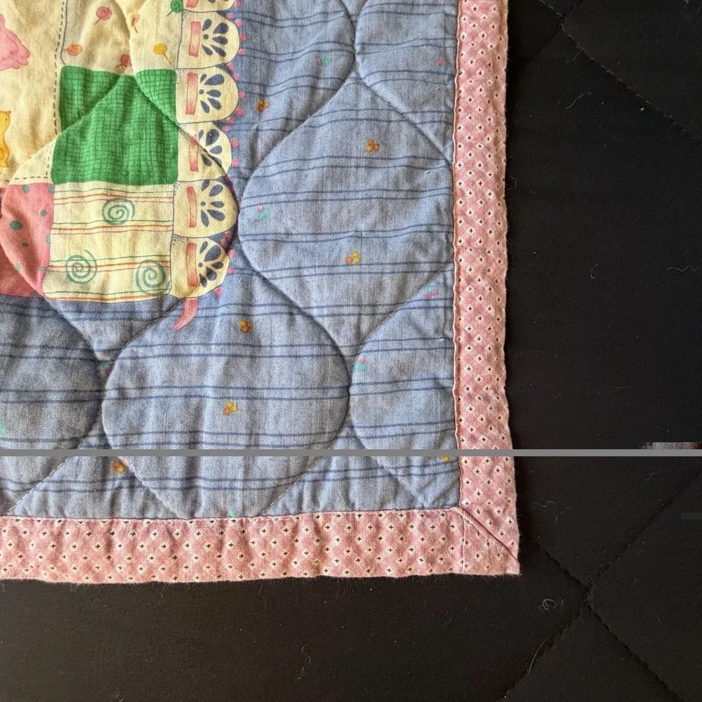Handmade Baby Quilt Nursery Patchwork Storybook Animals Pastel Pink Blue 58x35